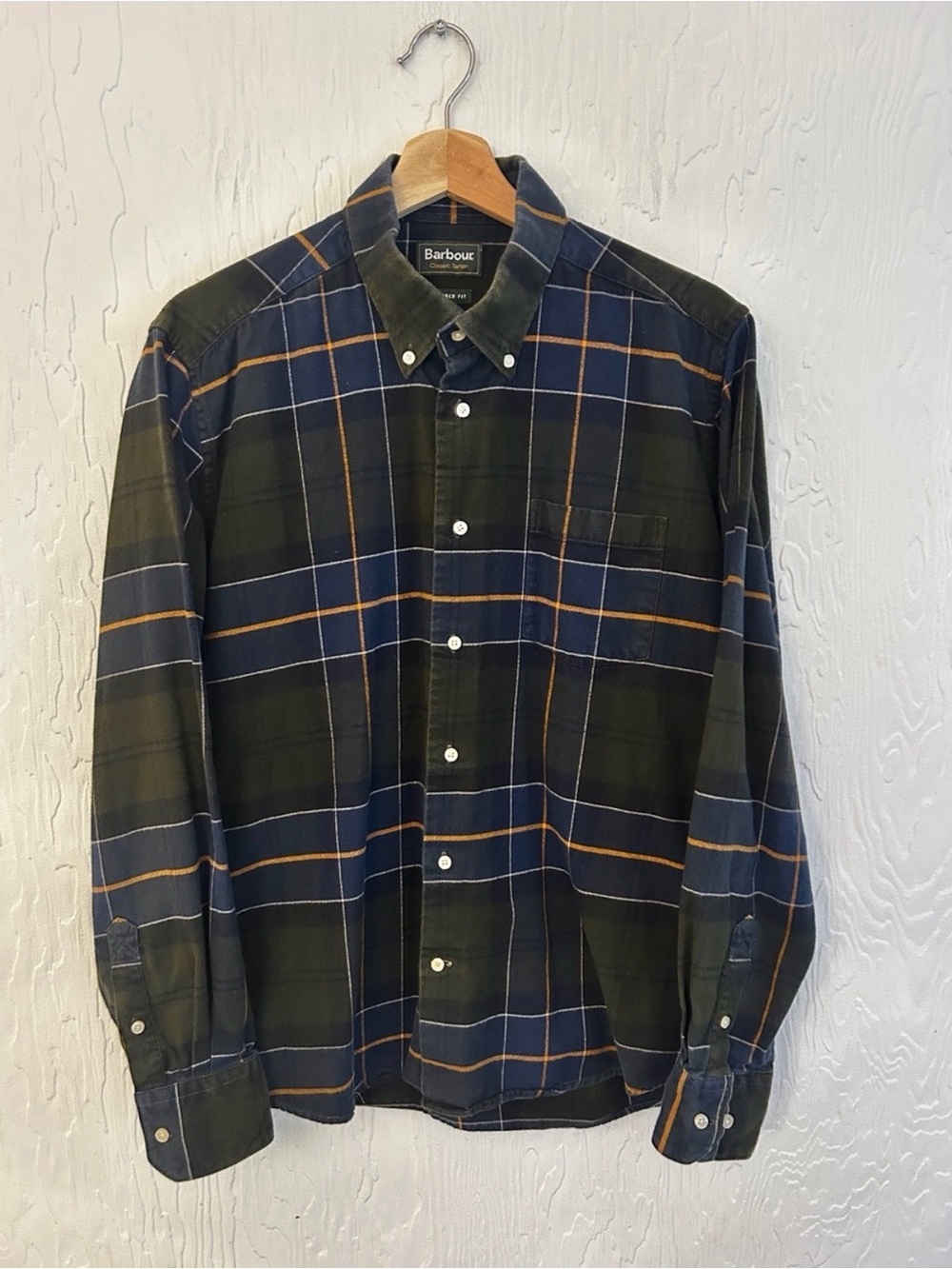 Barbour Olive Green, Navy & Orange Plaid Button-Down Shirt